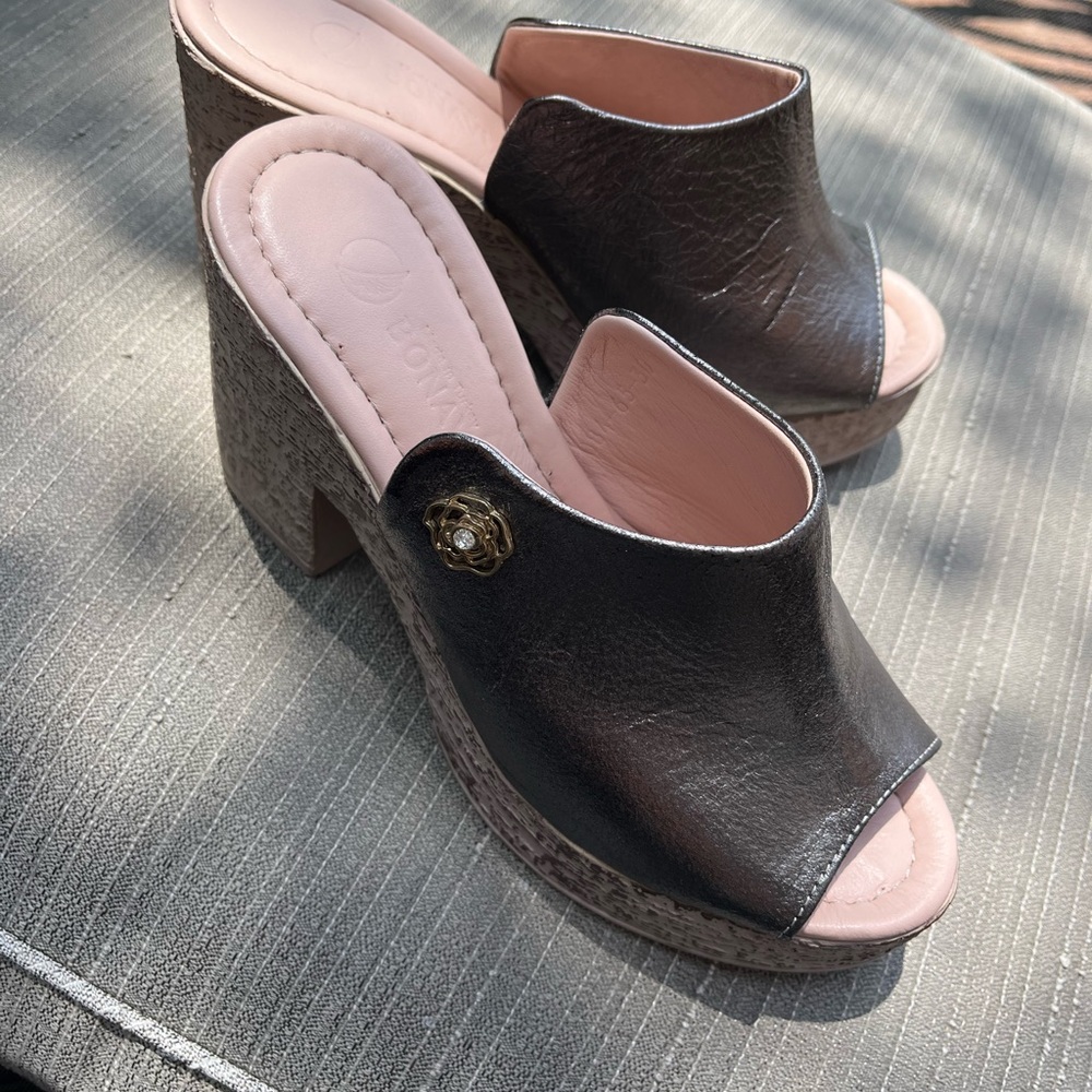 Gunmetal  Leather Mules with Polished Finish / Cork Heel